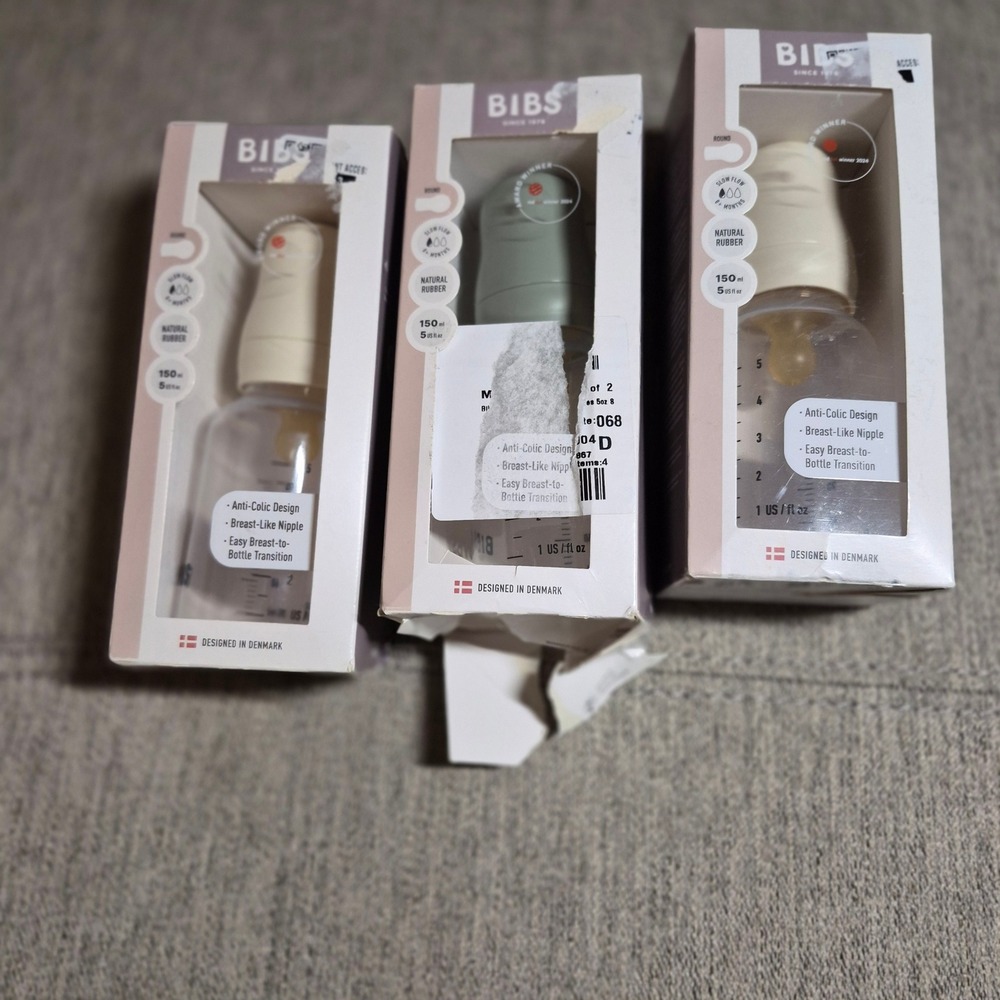 BIBS Baby Bottles 150ml 5oz Natural Rubber Slow Flow Anti-Colic Set of 3 NIB
